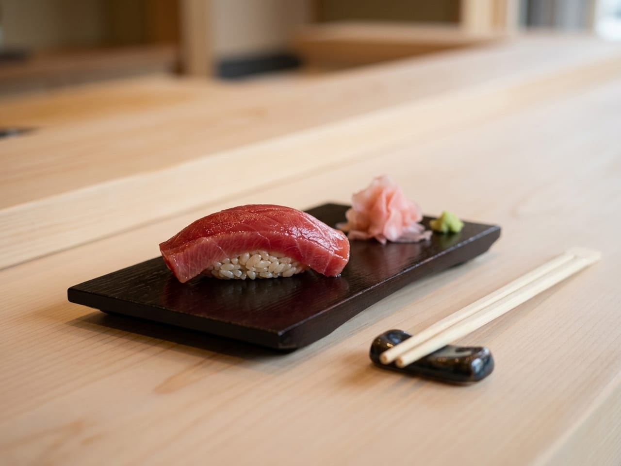 One piece of nigiri, glossy lean tuna over rice, on a small dark board on a pale wooden sushi counter, with a little pickled ginger and plain chopsticks on a rest