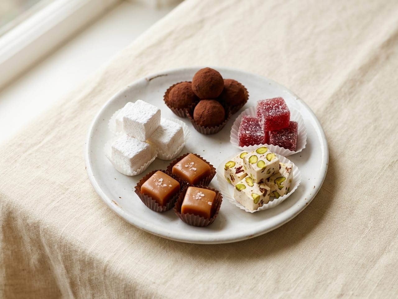 A small white plate of confections: cocoa-dusted chocolate truffles, sugar-coated squares of fruit jelly, pieces of white nougat with green pistachios, small squares of soft caramel and cubes of pale marshmallow