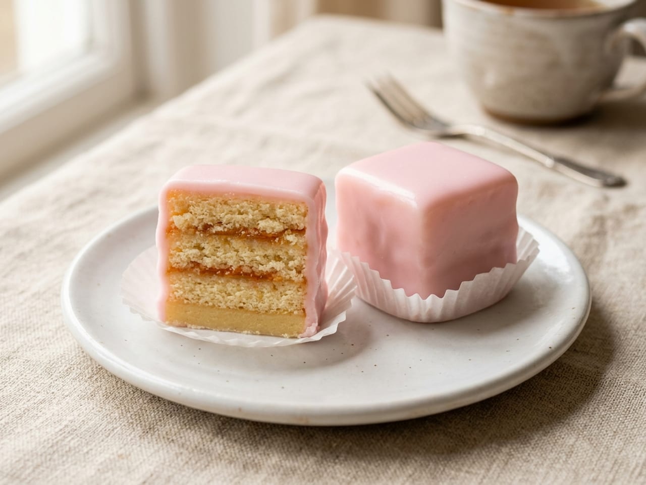 A fondant-iced petit four cut in half on a small white plate, showing three thin layers of pale almond cake with thin lines of apricot jam between them, a thin layer of marzipan at the bottom and a thin glossy coat of pale pink fondant over the top and sides, a whole one beside it