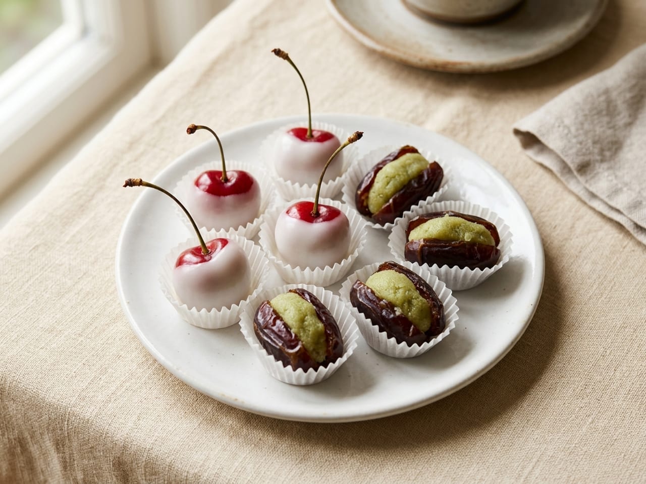 A small white plate of petits fours déguisés: cherries on their stems dipped in glossy white fondant and dates stuffed with pale green marzipan, each in a small fluted paper case