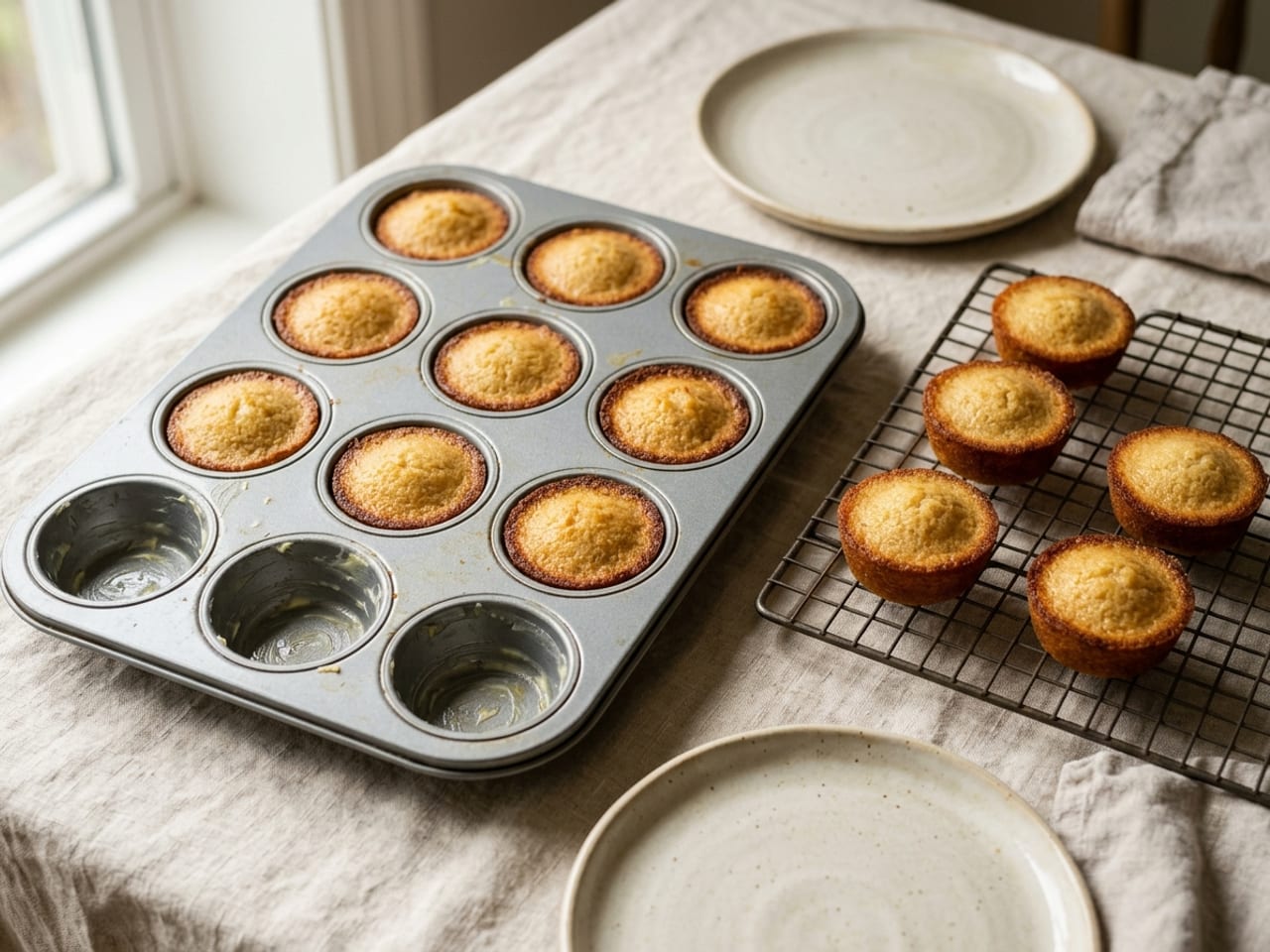 Small round golden-brown financiers in a plain metal muffin tin with no paper liners, with crisp brown edges and flat tops, a few turned out onto a wire rack beside the tin