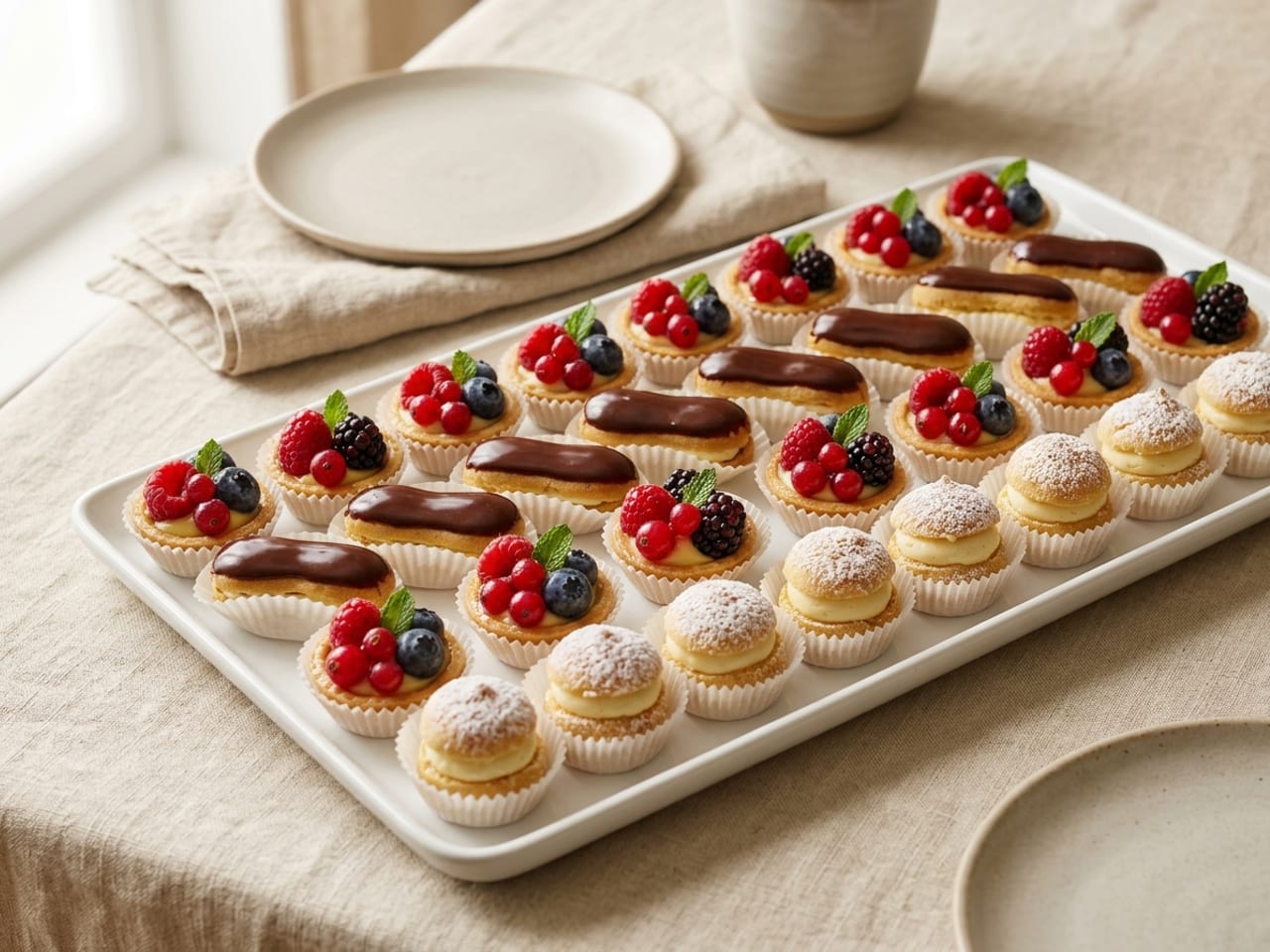 A white tray of petits fours frais: mini fruit tartlets topped with glazed berries, small chocolate-glazed éclairs and small cream puffs dusted with icing sugar