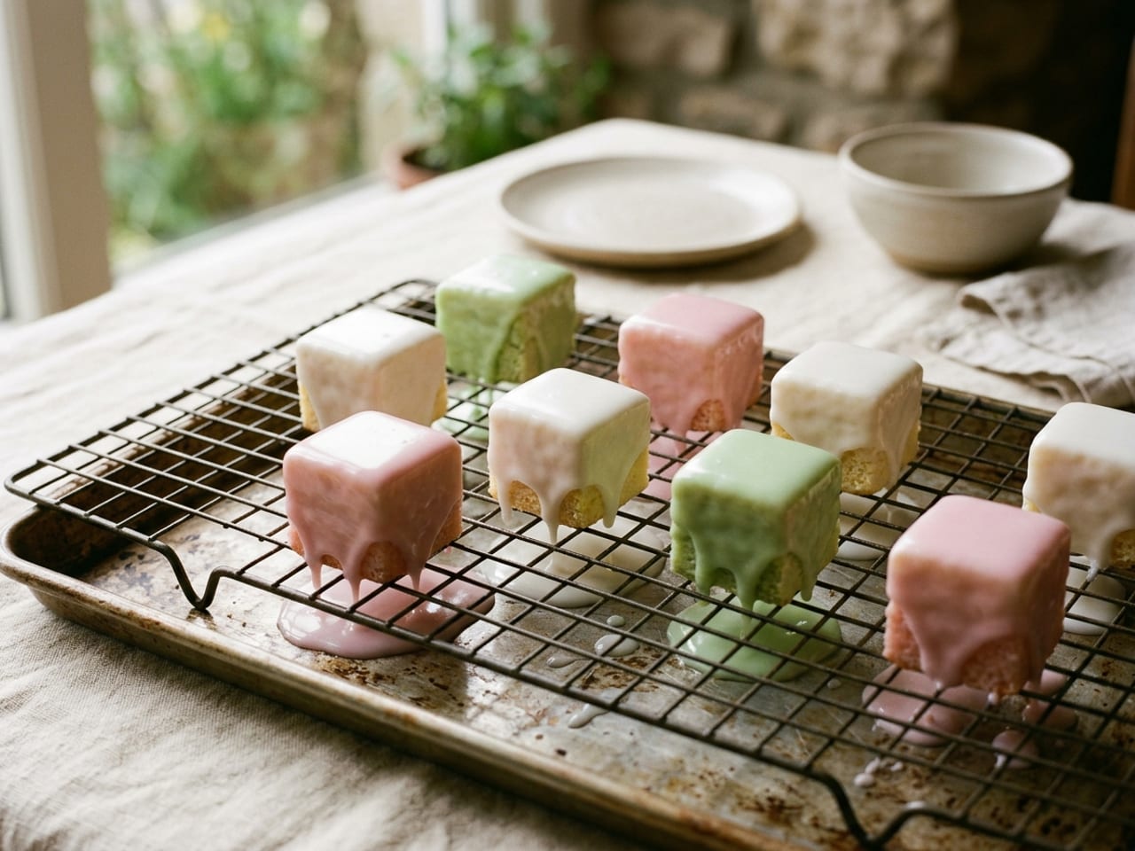 Small square fondant-iced petits fours in pale pink, white and pale green standing apart on a wire icing grate over a tray, glossy fondant just poured over them and running down their sides