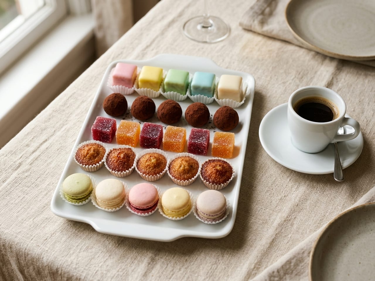 A small white porcelain tray of bite-sized sweets in neat rows beside a white espresso cup on its saucer: pastel fondant-iced petits fours, cocoa-dusted chocolate truffles, sugar-coated squares of red and orange fruit jelly, small golden financiers and pale macarons, the whole tray in frame on cream linen