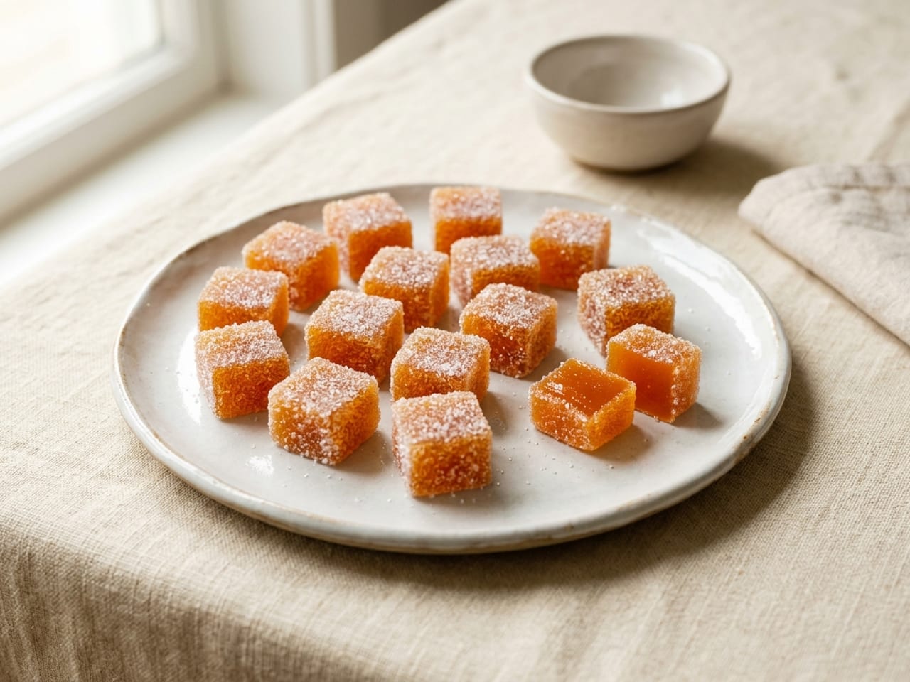 Squares of glossy deep orange apricot pâte de fruits rolled in granulated sugar on a white plate