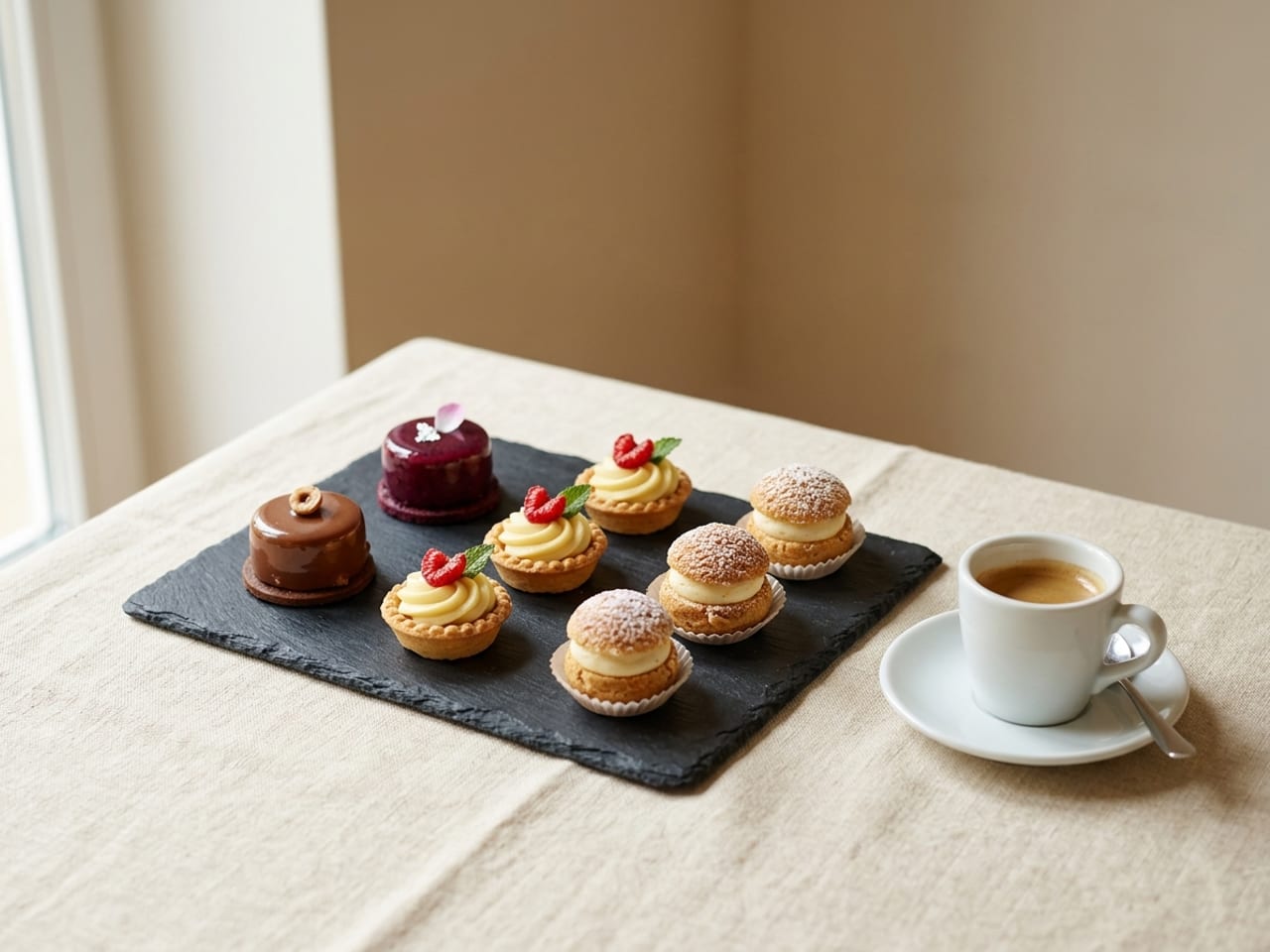 A dark slate with small modern sweets set well apart: tiny glossy glazed mini entremets, small tartlets topped with piped cream and a raspberry, and miniature choux dusted with icing sugar, a small cup of coffee beside the slate