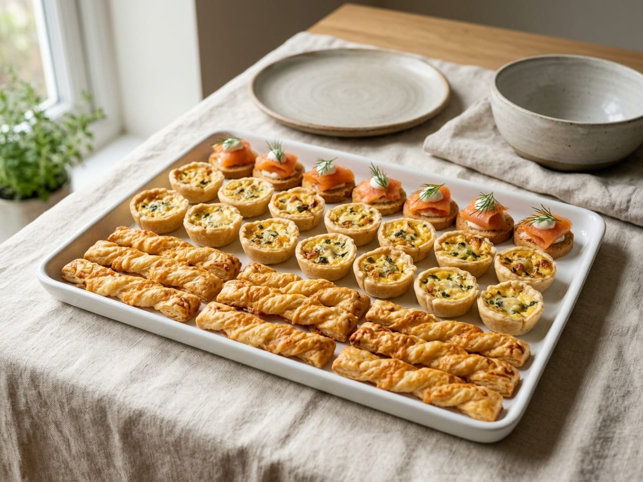 A white tray of savoury petits fours: twisted puff-pastry cheese straws, mini quiches and small round toasts topped with smoked salmon and dill