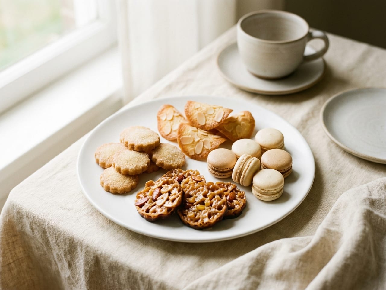 A white plate of petits fours secs: small round sablés, thin curved almond tuiles, small pale macarons and lacy golden florentines