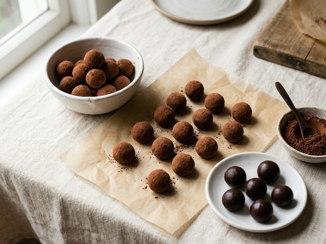 Dark chocolate truffles rolled in cocoa powder in a small white bowl and on a sheet of parchment, a few smooth uncoated balls of ganache beside a small dish of cocoa