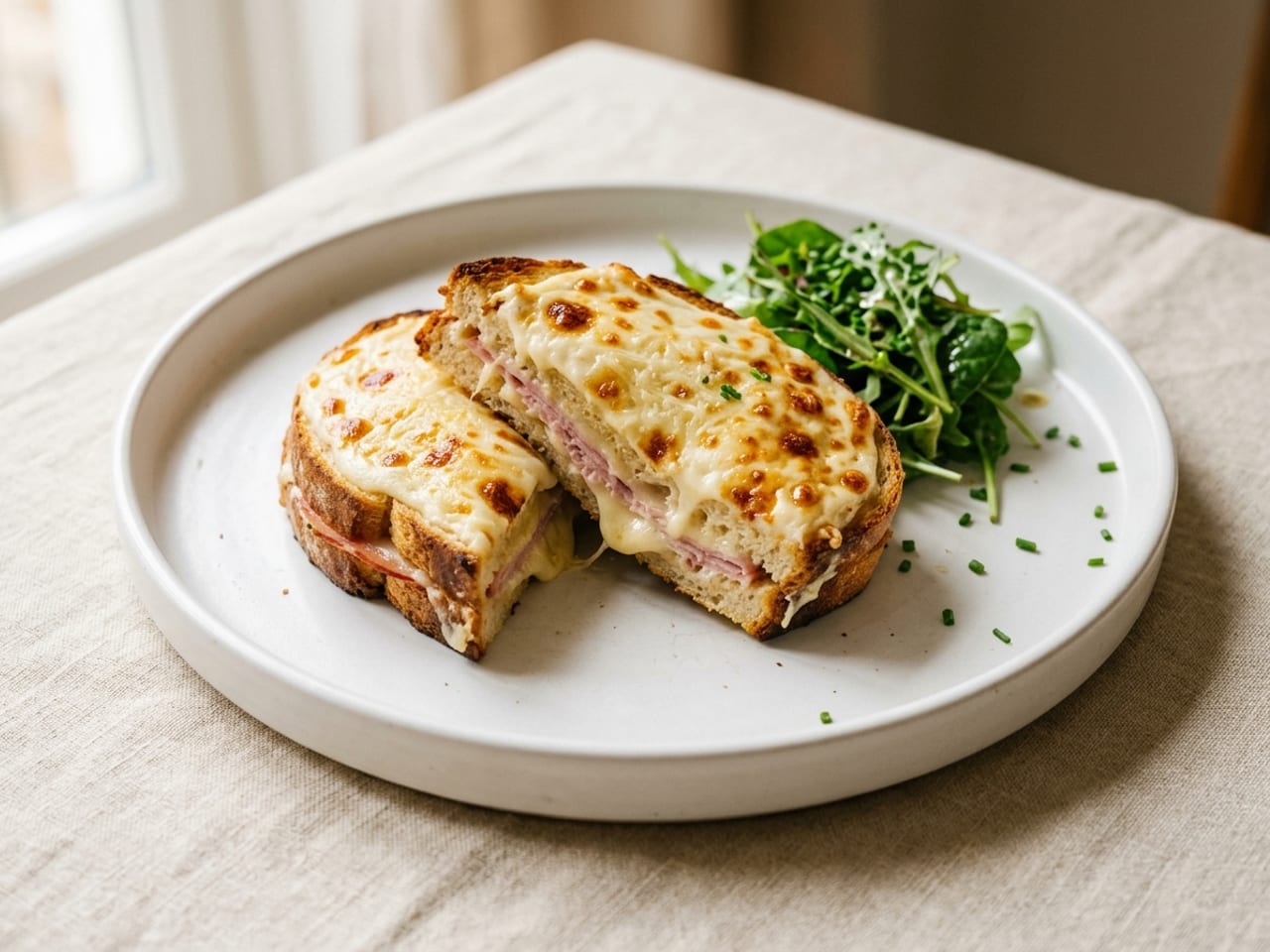 A croque monsieur on a wide white plate, its thin béchamel and Gruyère topping grilled to golden spots, cut in half with a tuft of dressed leaves beside it