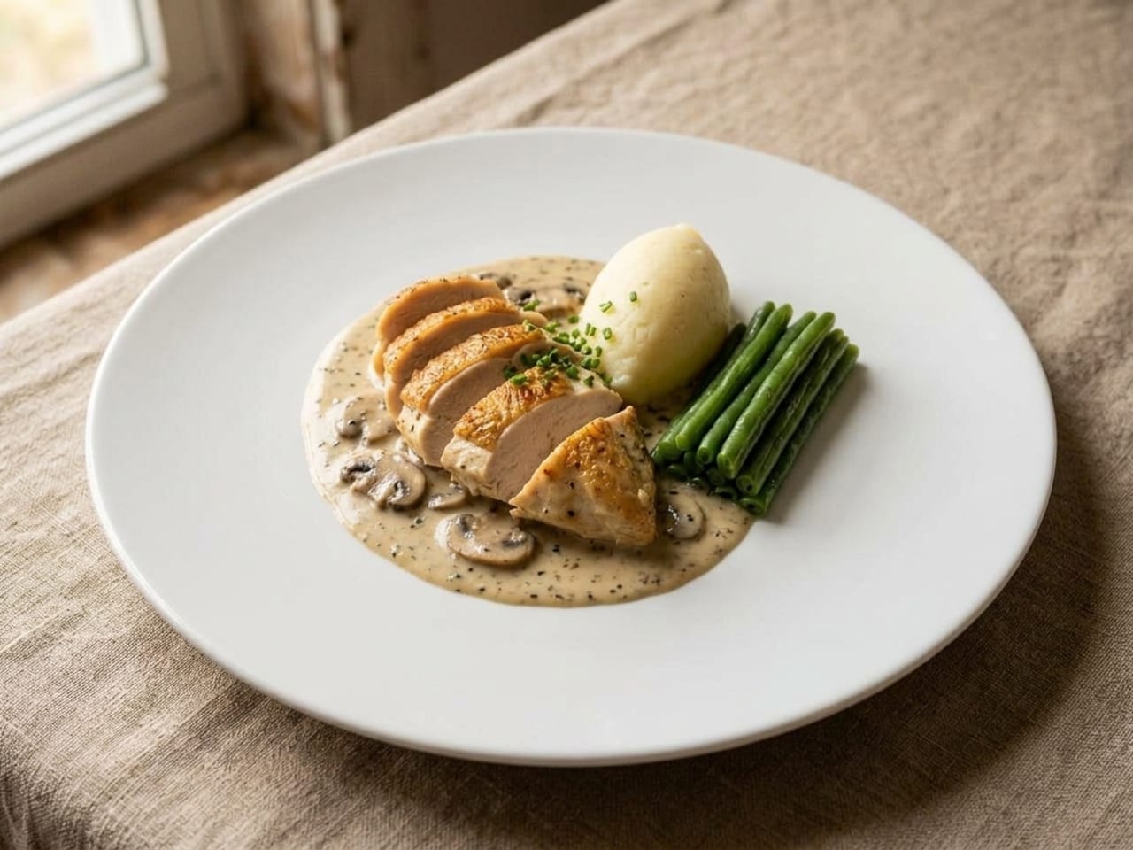 The same dinner re-plated on a larger white plate: sliced chicken fanned skin-up on a thin pool of the cream sauce, a quenelle of mash and a bundle of beans beside it, wide clean rim