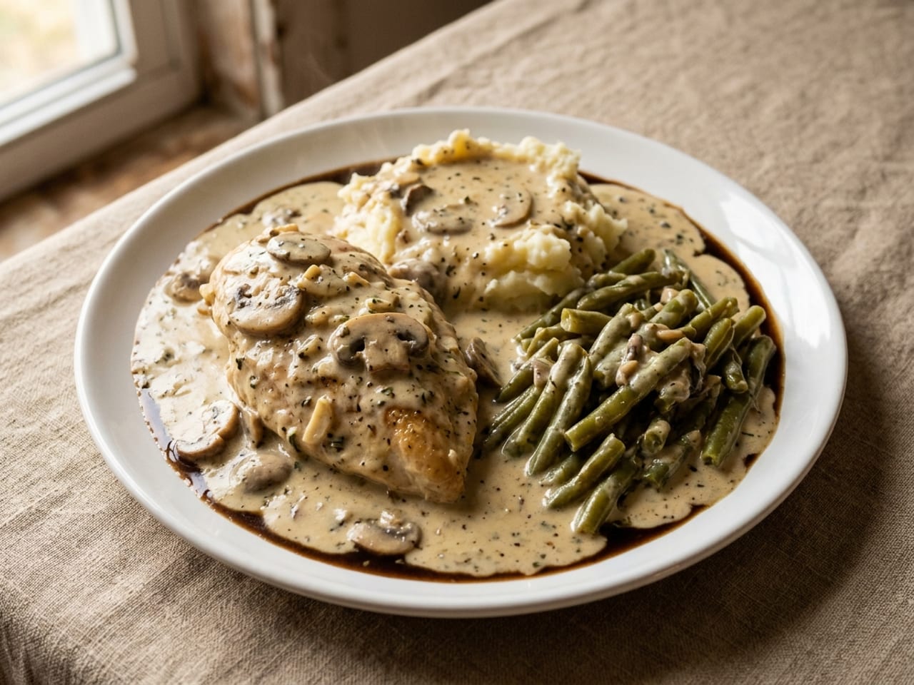 A home dinner of a whole chicken breast, mashed potatoes and green beans flooded edge to edge with pale cream mushroom sauce on a standard white plate