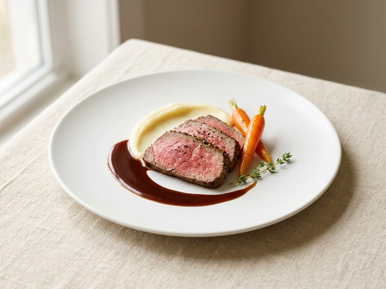 Three slices of rosy roast beef fanned against a swoosh of potato purée on a wide white plate, glossy dark demi-glace spooned in a crescent around the meat, two glazed carrots beside