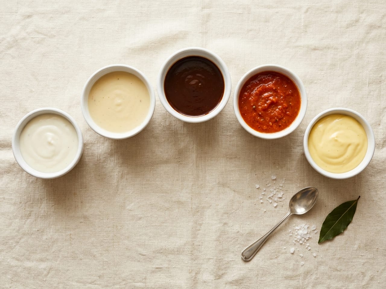 Five small white bowls in an arc on cream linen, each holding one French mother sauce: white béchamel, ivory velouté, dark brown espagnole, red tomato sauce and yellow hollandaise, a sauce spoon beside them