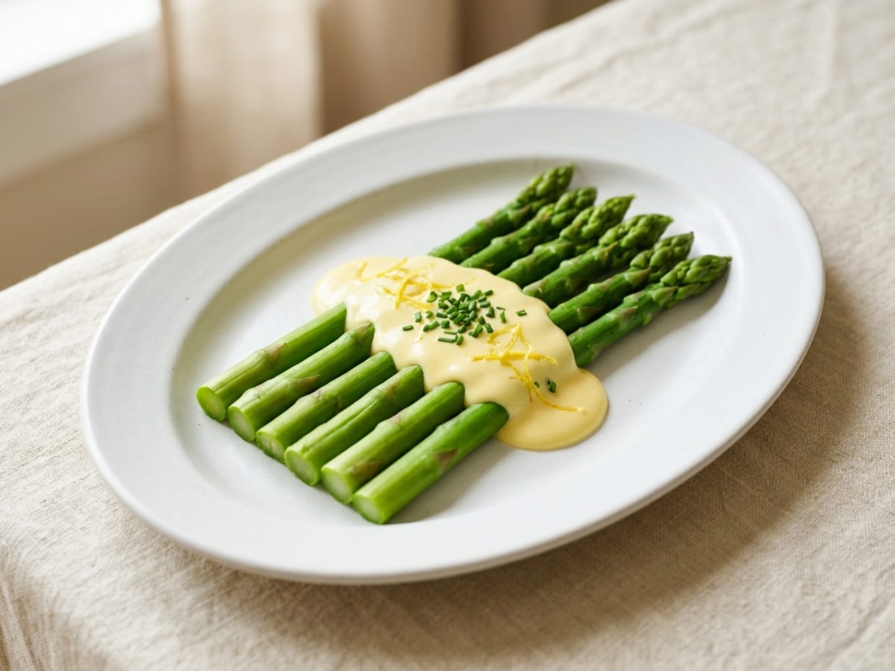 A bundle of green asparagus spears on a wide white oval plate with one ribbon of pale-yellow hollandaise spooned across their middle, lemon zest and chives on the sauce, tips and bases left bare