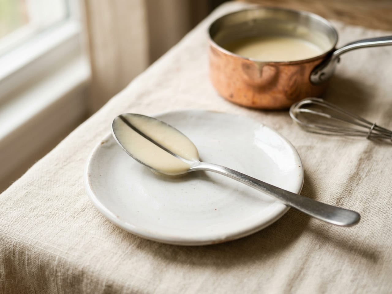 Close-up of a metal spoon resting on a small white plate, its back coated in pale velouté with a clean line drawn through the coating (the nappe test), a copper saucepan of sauce and a whisk blurred behind