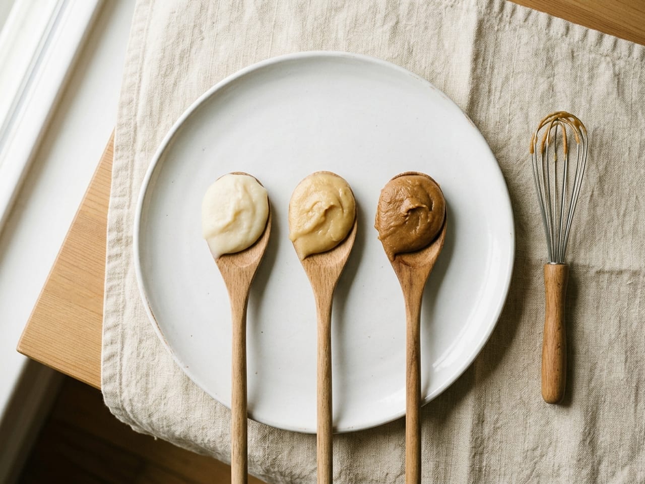 Overhead view of three wooden spoons resting on a white plate, each holding a spoonful of roux: pale white, straw-coloured blond and nut-brown, a small whisk beside the plate