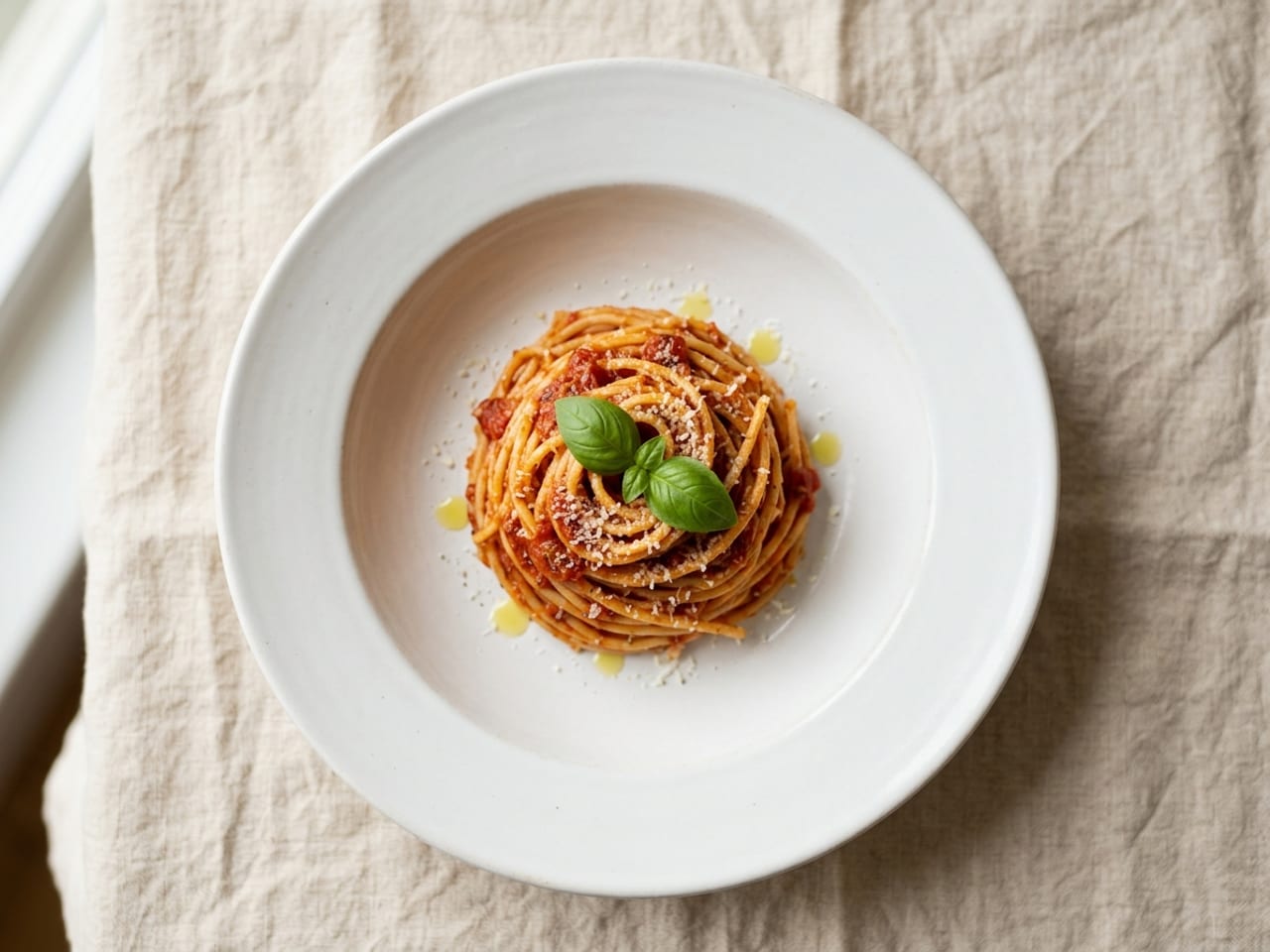 Overhead view of a tight nest of spaghetti coated in red tomato sauce in the centre of a wide white bowl-plate, a sprig of basil and grated Parmesan on top and a few drops of olive oil, no sauce puddle around it