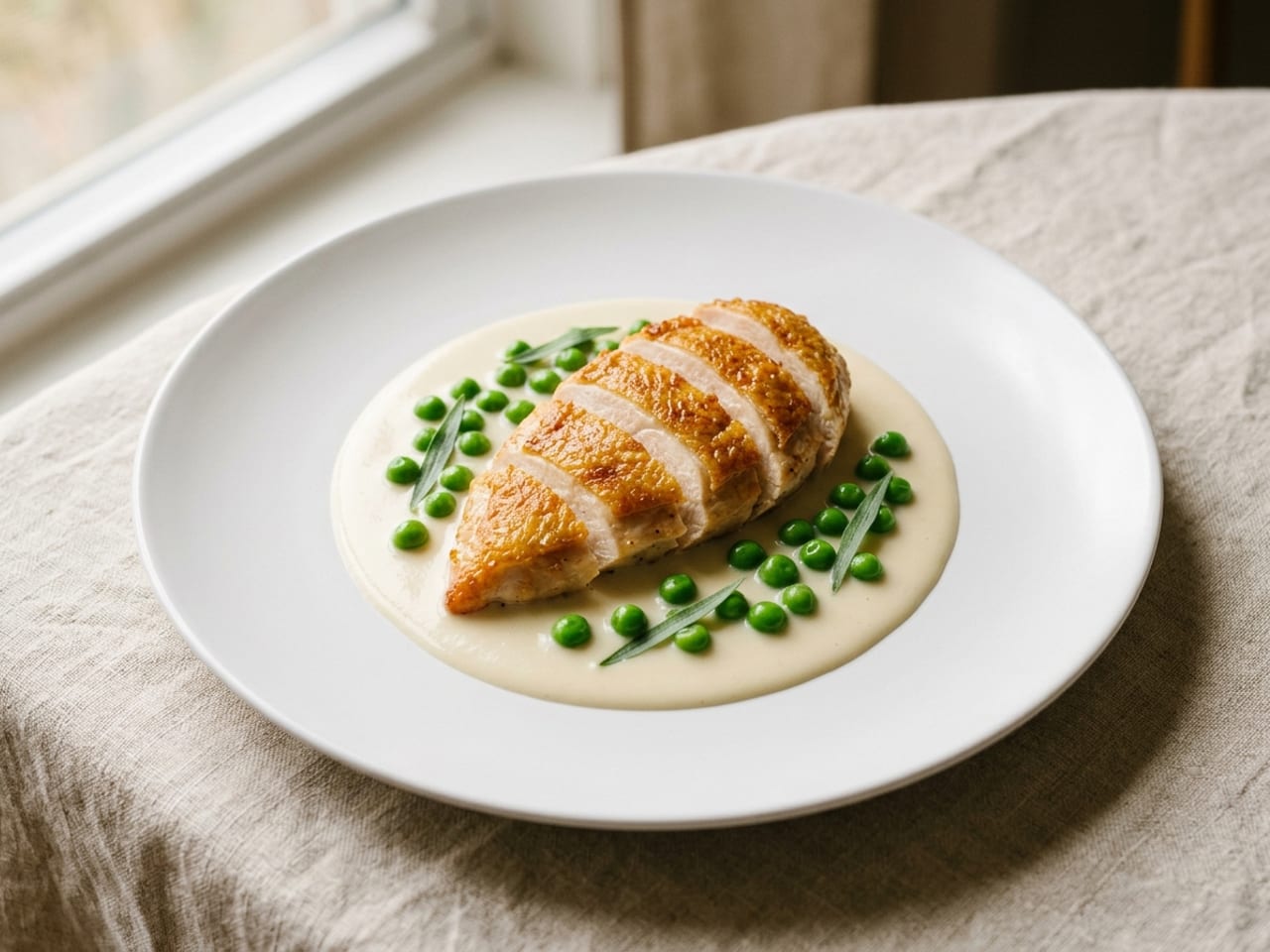Sliced seared chicken breast fanned skin-up on a thin pool of ivory velouté in the centre of a wide white plate, green peas and tarragon leaves on the sauce