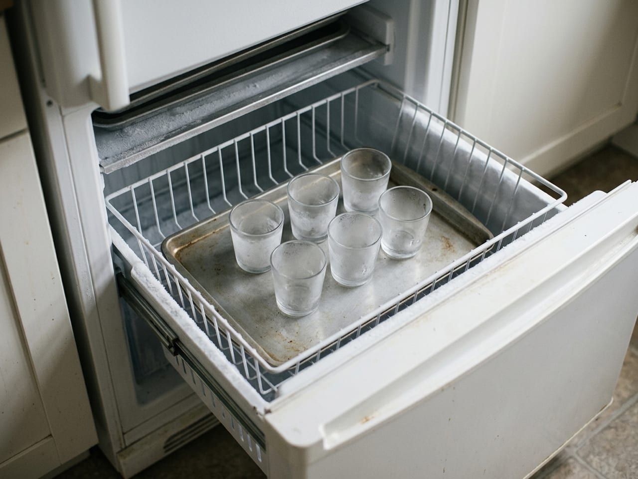 Six small empty glasses frosted white with cold, standing in two rows on a steel tray in an open freezer drawer