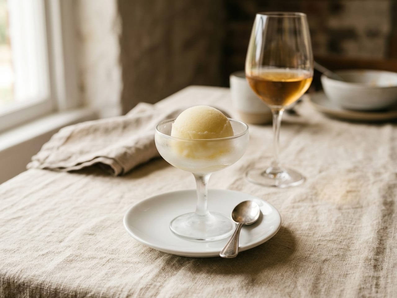 One full, round scoop of pale lemon sorbet filling a frosted, chilled glass coupe on a white saucer with a small spoon, on a cream linen dinner table mid-meal, a glass of white wine and a folded napkin softly blurred behind