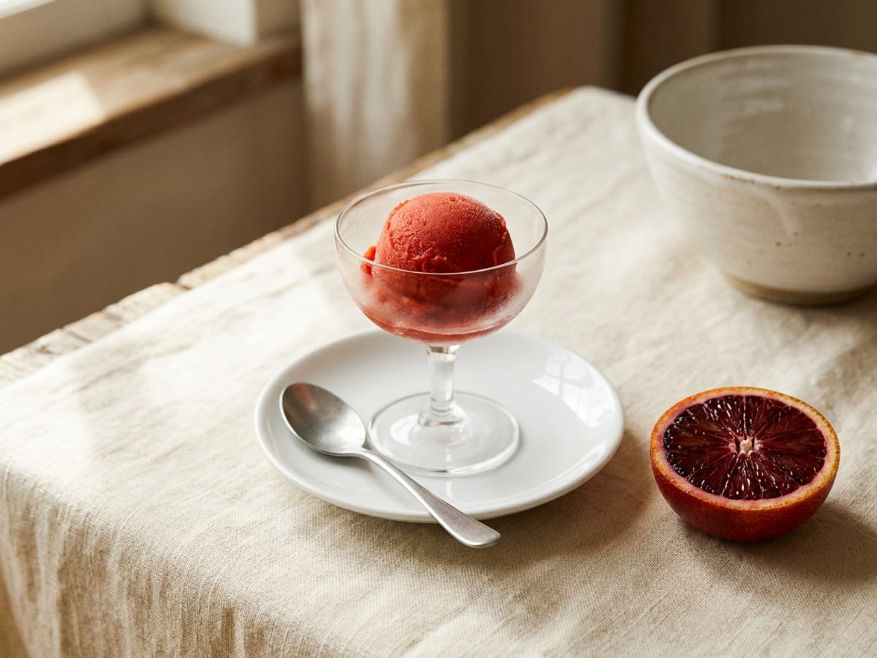 One full, round scoop of deep red-orange blood orange sorbetto in a chilled stemmed glass on a white saucer with a spoon, half a blood orange beside it on cream linen