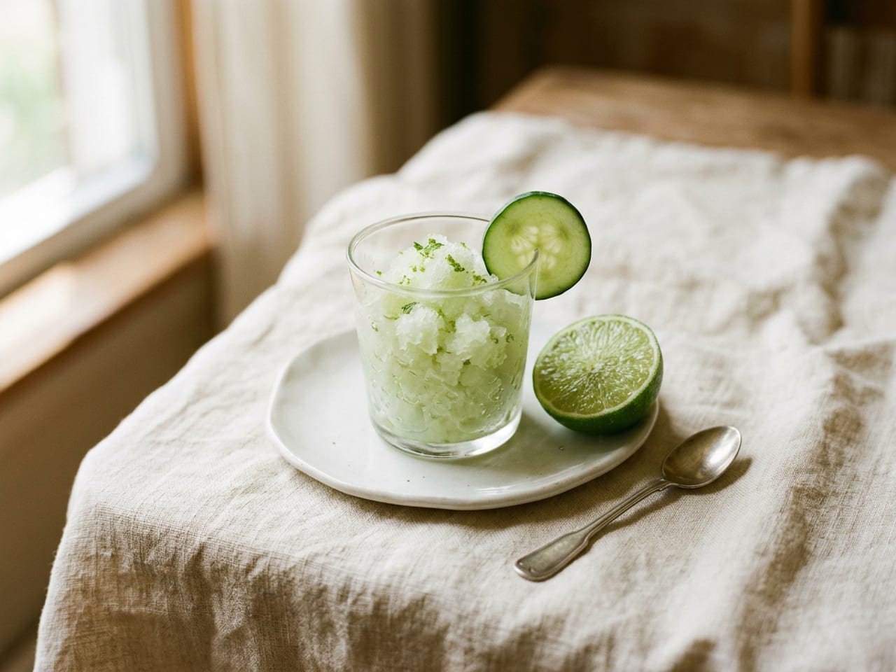 Pale green cucumber and lime granita filling a clear glass, with a thin cucumber slice on the rim and a little lime zest on top, a halved lime beside it on a white plate