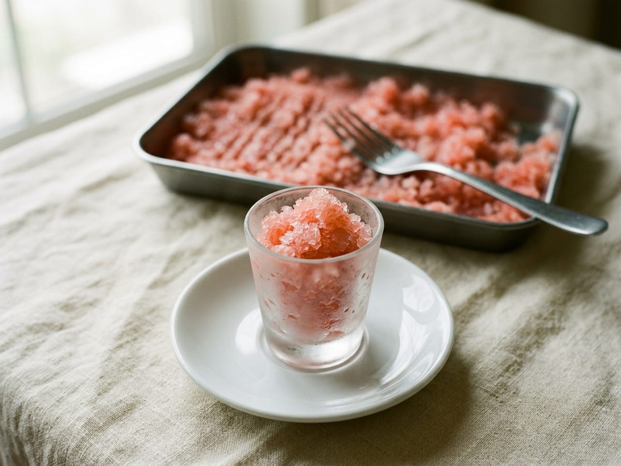 Coarse pink grapefruit granita mounded in a small frosted glass on a white saucer, with a fork-scraped steel tray of the same pink ice behind it