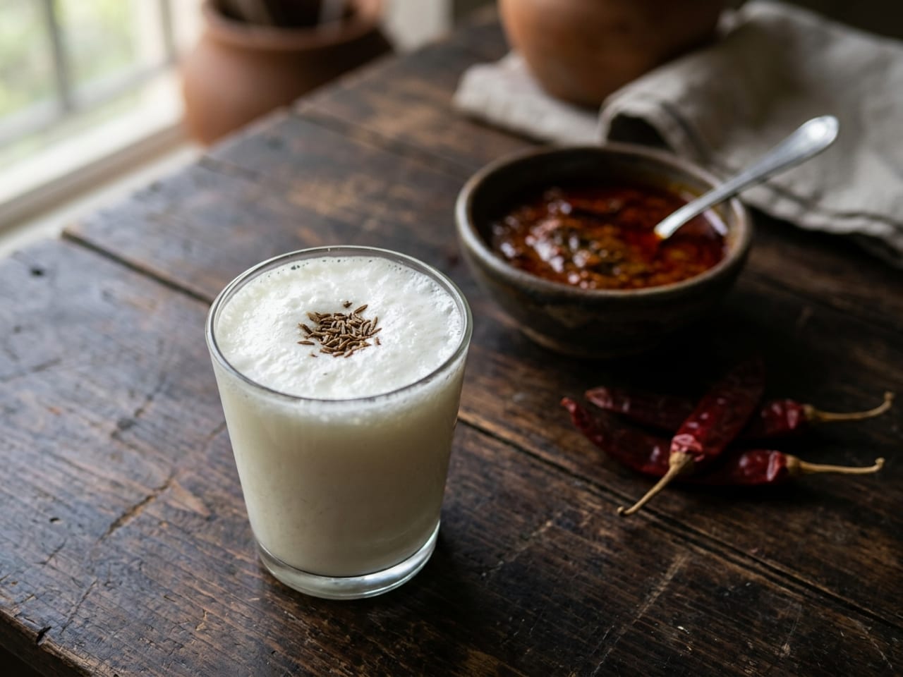 A full glass tumbler of frothy white salty lassi sprinkled with roasted cumin seeds, beside a small bowl of red chili curry and a few dried red chilies on a dark wooden table