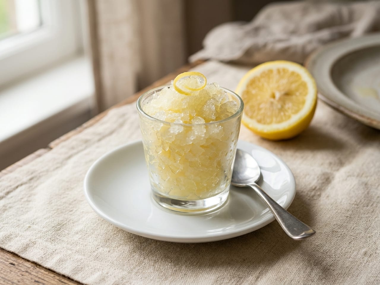 A glass tumbler filled to the brim and heaped with flaky, pale yellow lemon granita with one curl of lemon zest on top, on a white saucer with a small spoon, half a lemon behind it on a linen cloth