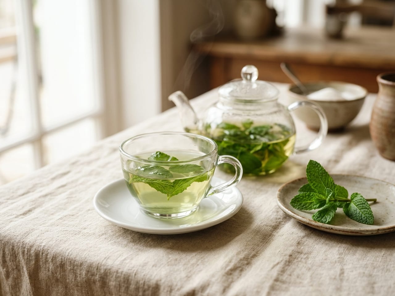 A full clear glass teacup of pale green fresh mint tea with mint leaves in it, on a white saucer beside a small glass teapot, a sprig of mint and a bowl of sugar on cream linen