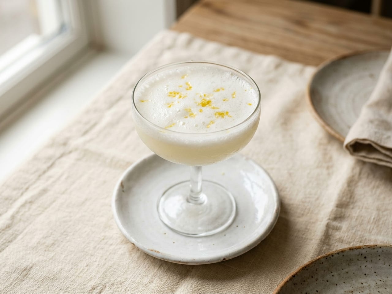 A frothy, pale yellow sgroppino filling a chilled glass coupe, lemon sorbet whisked with sparkling wine, a little grated lemon zest on the foam, on a white saucer