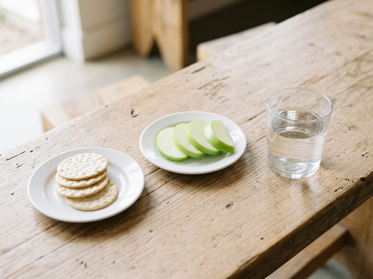 A tasting kit on a pale wooden table: thin slices of green apple on a small white plate, a few plain water crackers and a plain glass of still water