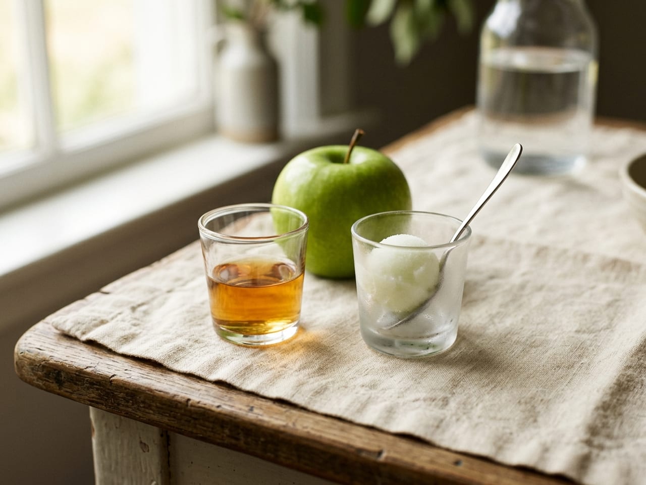 The two forms of the trou normand side by side: a small plain glass of amber Calvados, and a small scoop of pale apple sorbet in a chilled glass with a spoon, a green apple and a water carafe behind them on a linen-covered table