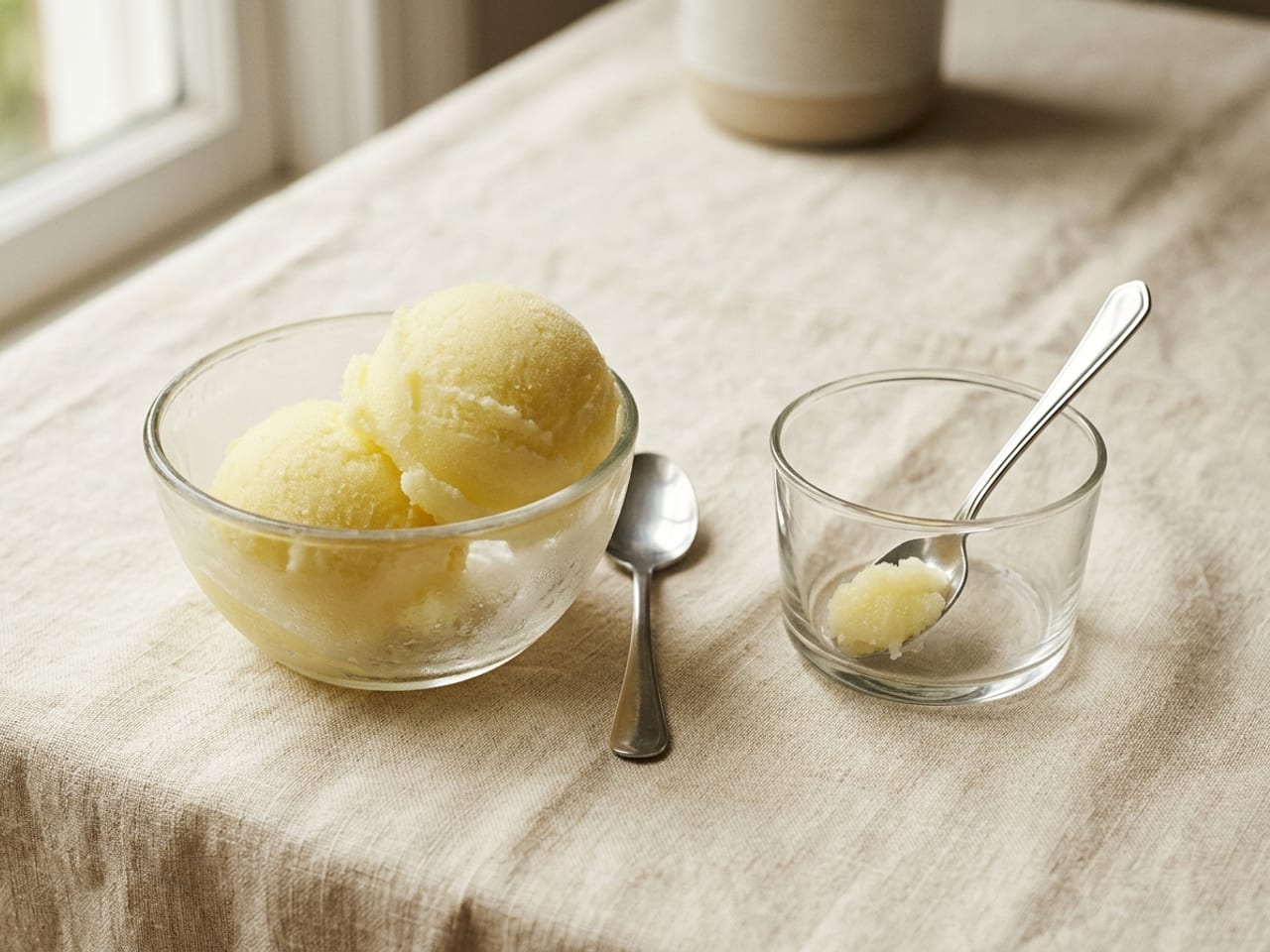 Two glass dishes side by side on cream linen: on the left a dessert bowl holding two large scoops of lemon sorbet, on the right a small glass with a single small spoonful of the same sorbet on a teaspoon, a fraction of the size