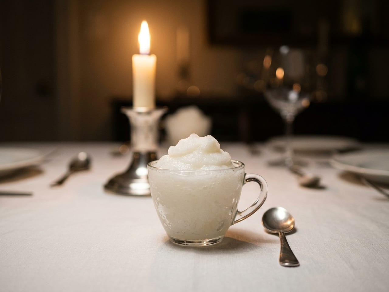 An illustration of nineteenth-century Roman punch: a soft, frothy white lemon ice in a small glass cup with a handle, on a white tablecloth beside a silver spoon, a formal candlelit dinner table blurred behind