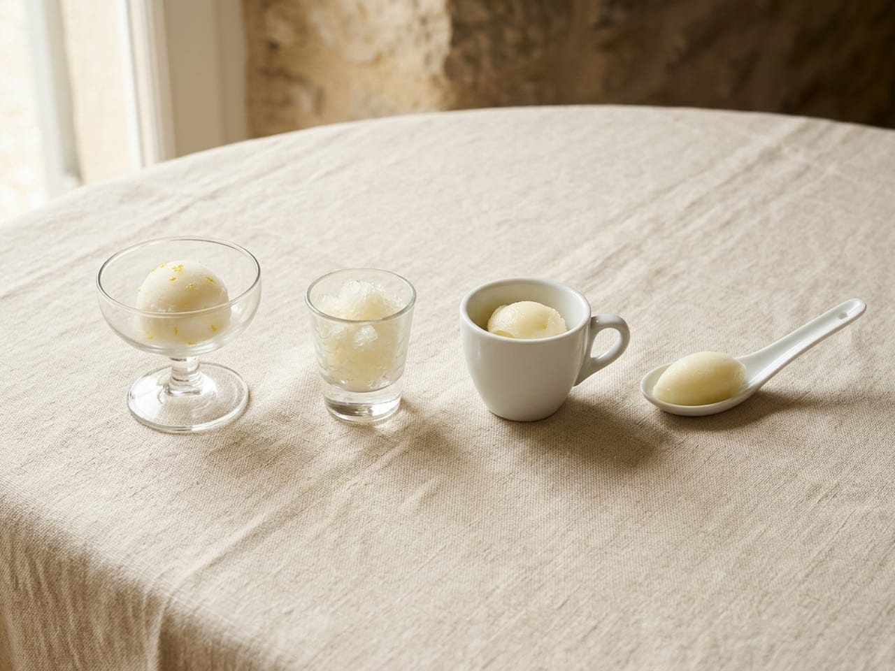 Four ways to serve a palate cleanser in a row on cream linen, each holding one small portion of pale lemon sorbet or granita: a small glass coupe, a shot glass, a white espresso cup and a white porcelain tasting spoon