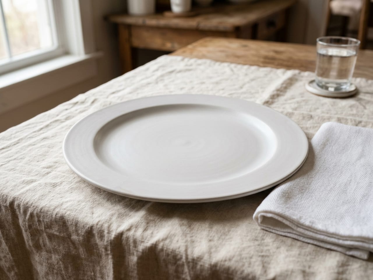 An empty warm white dinner plate on a linen tablecloth with a folded kitchen towel beside it