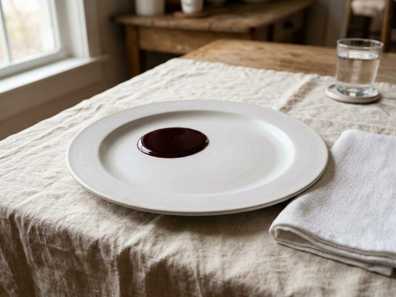 The same plate with a small pool of glossy red-wine jus spooned slightly off-center, nothing else on it