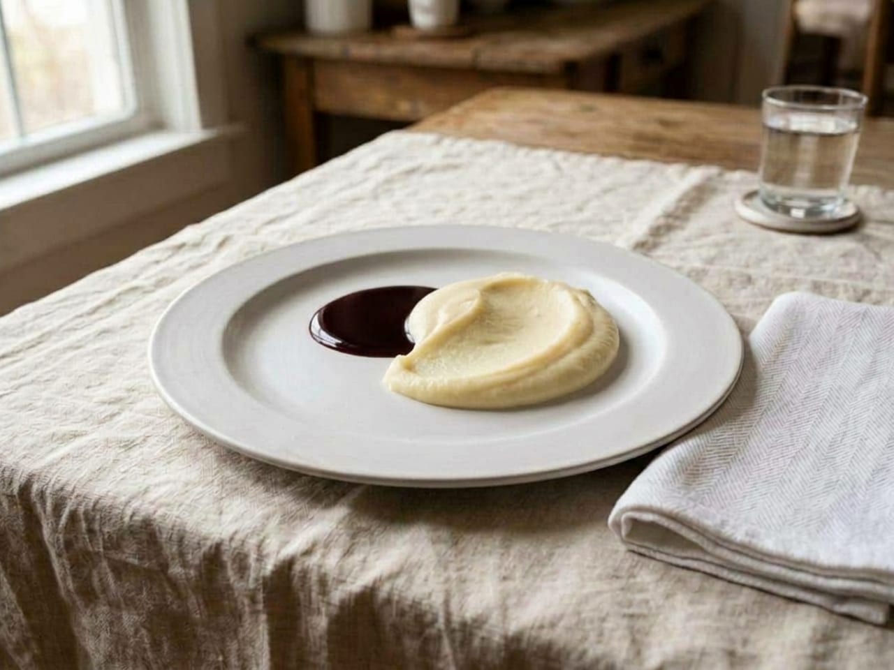 The same plate with a spoonful of smooth potato purée set just off-center, its edge overlapping the jus