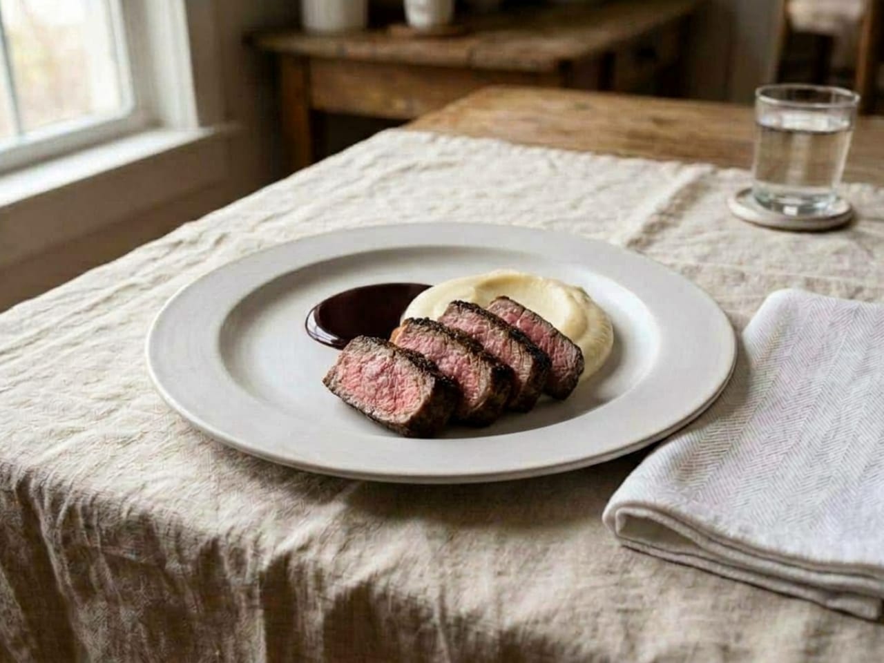 The same plate with four slices of seared beef fanned at the front, leaning on the purée, pink cut faces toward the diner