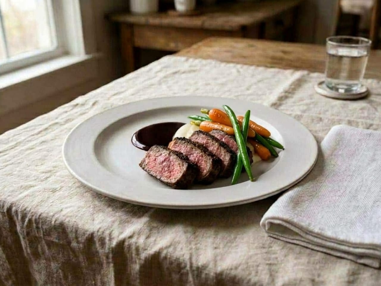 The same plate with glazed baby carrots and green beans clustered at 2 o'clock, two beans leaning on the beef