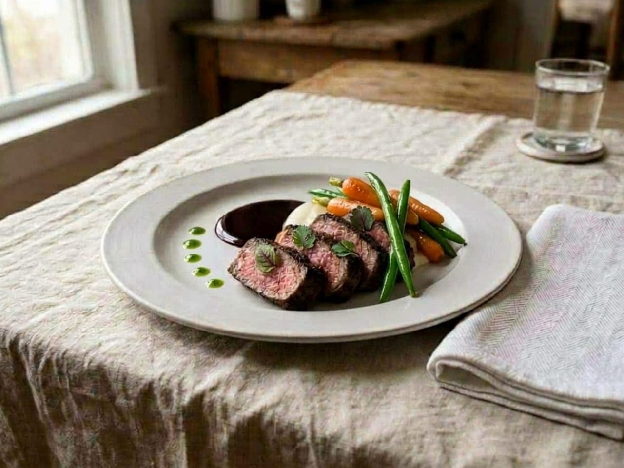 The finished plate: micro herbs on the beef, a curve of green herb-oil dots along the empty side and a spotless rim