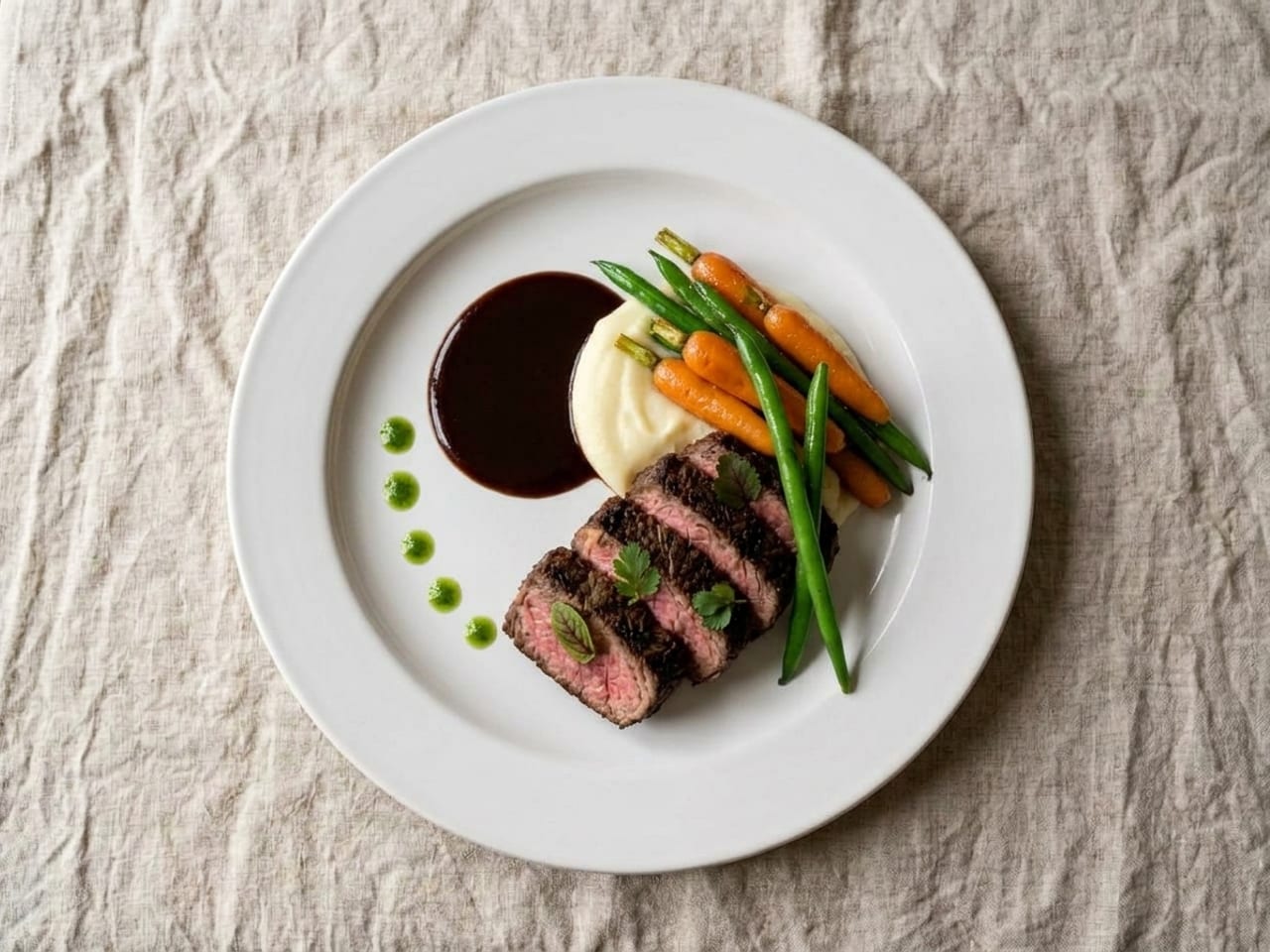 A finished plate seen from above: fanned beef, purée and jus, carrots and green beans, herb-oil dots
