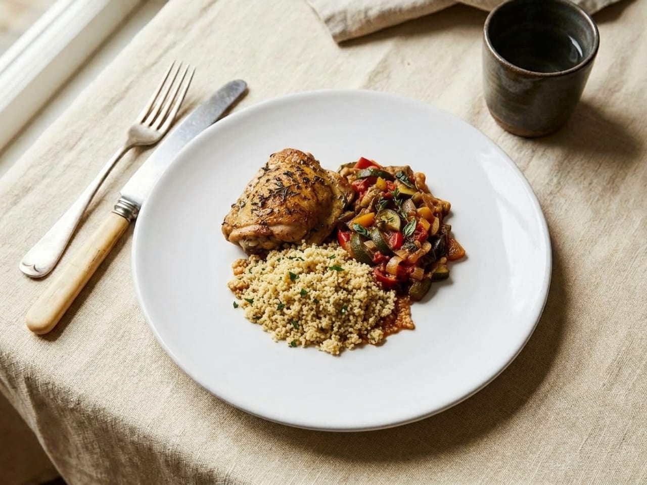 The same chicken thigh, ratatouille and couscous on a much larger white plate, occupying the centre with a wide empty margin around it