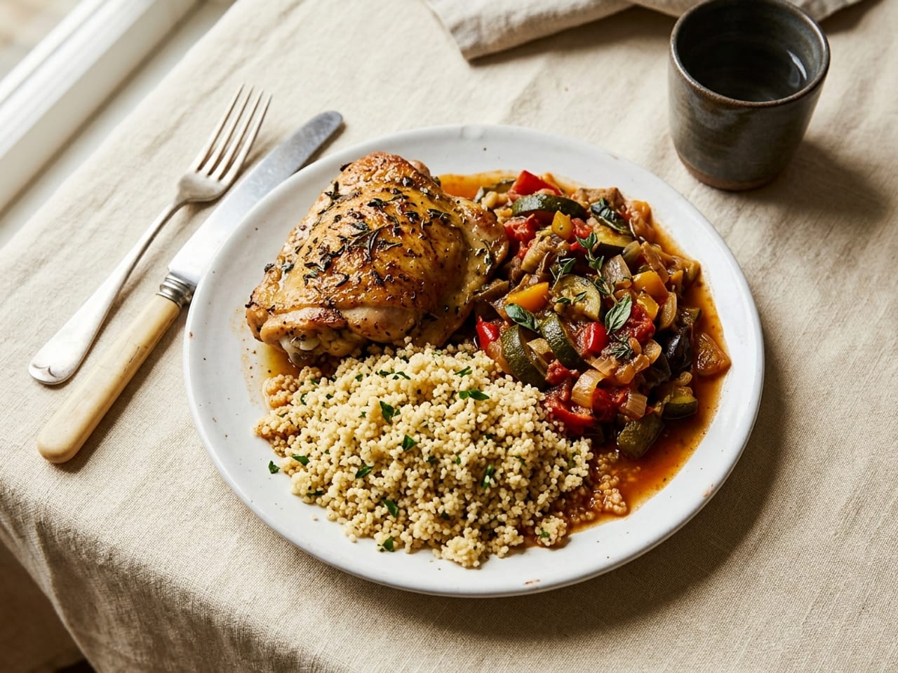 A roasted chicken thigh, ratatouille and couscous filling a standard white plate right to its edge