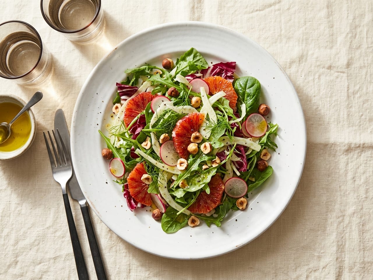 Overhead view of a fennel, blood orange and hazelnut salad sitting exactly in the center of a round white plate with an even rim all around