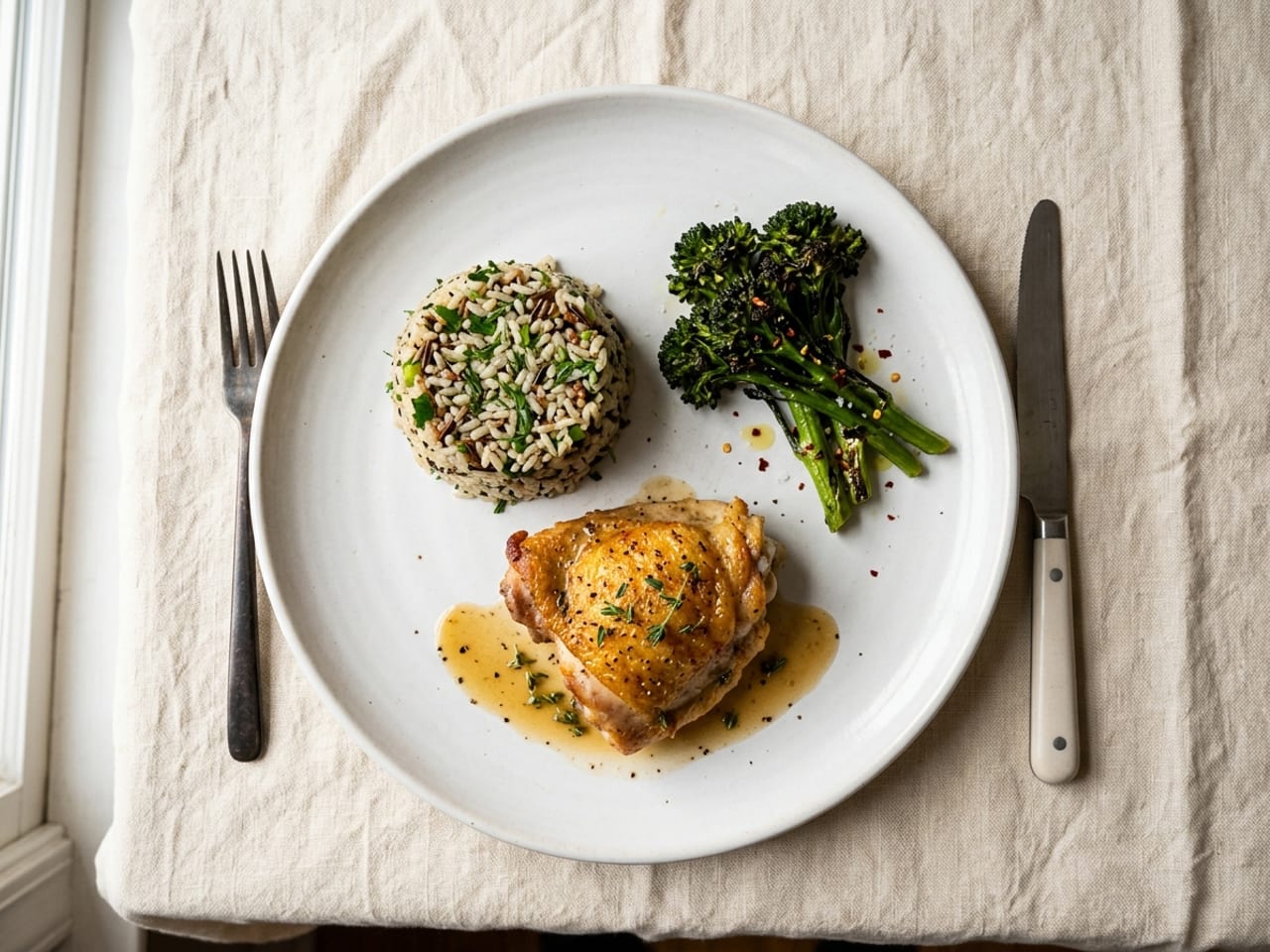 Overhead view of a white plate laid out by the clock method: a roasted chicken thigh at 6 o'clock, herbed wild rice at 10 and charred broccolini at 2