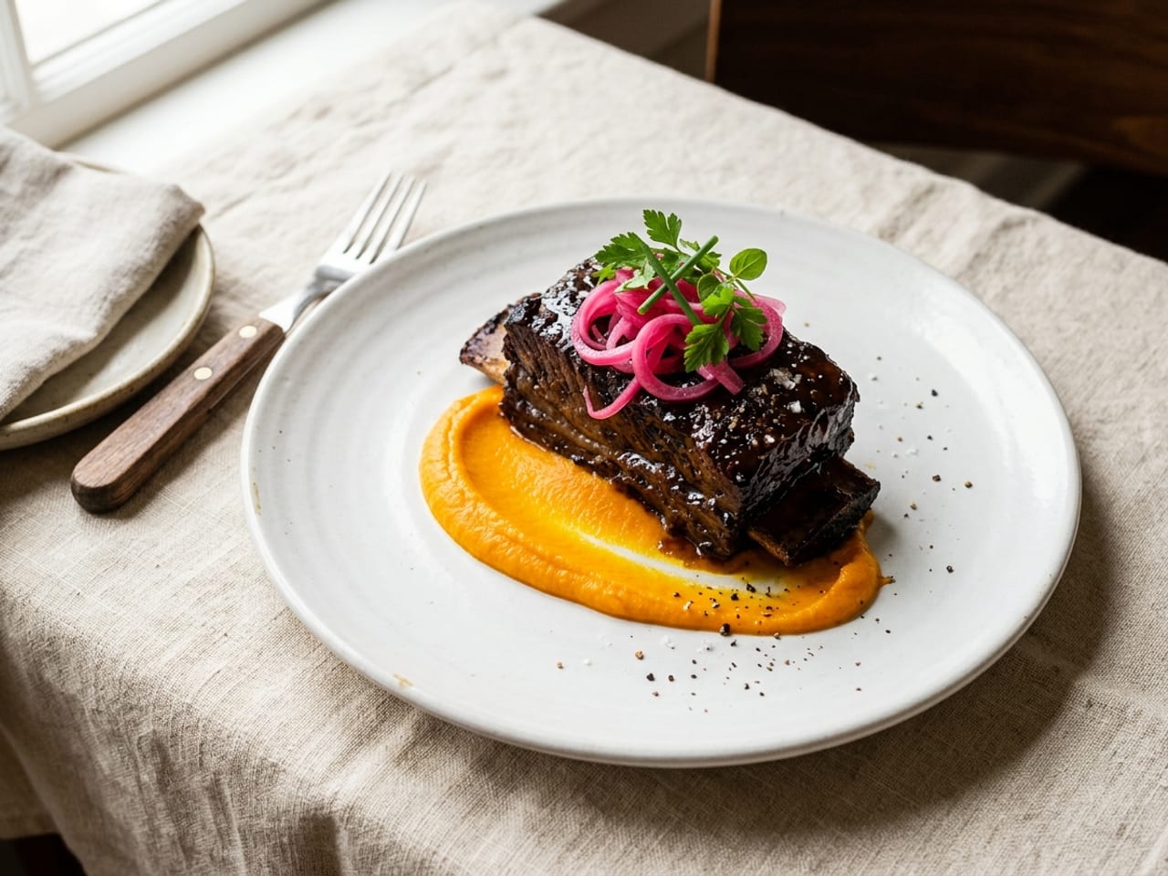 A dark braised beef short rib on a swoosh of orange carrot purée, topped with pink pickled red onion and green herbs on a white plate
