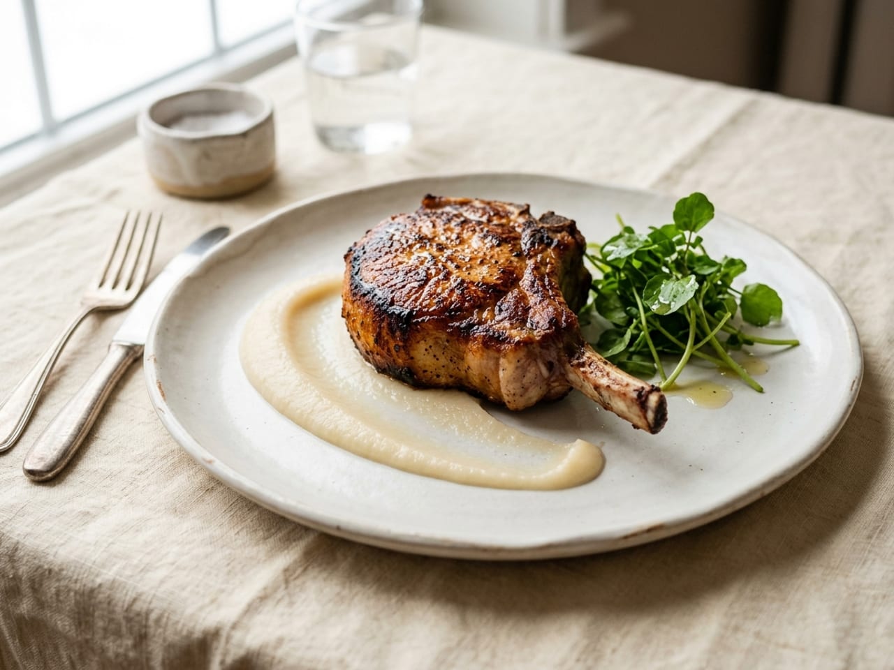 A thick seared bone-in pork chop standing on a swoosh of apple purée with a small tuft of watercress, the only hero on the plate